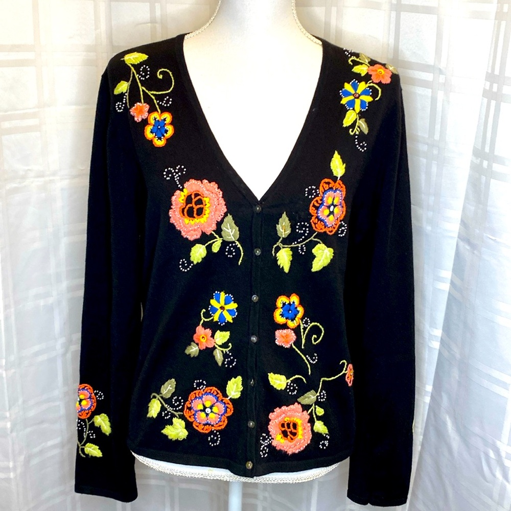 Intuitions Black Embroidered Beaded Floral Flower Button Up Cardigan Size Large